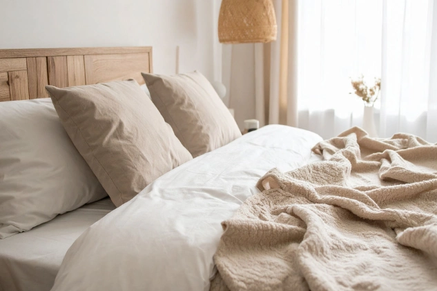 Kamar modern yang rapi dengan tempat tidur nyaman dan pencahayaan hangat