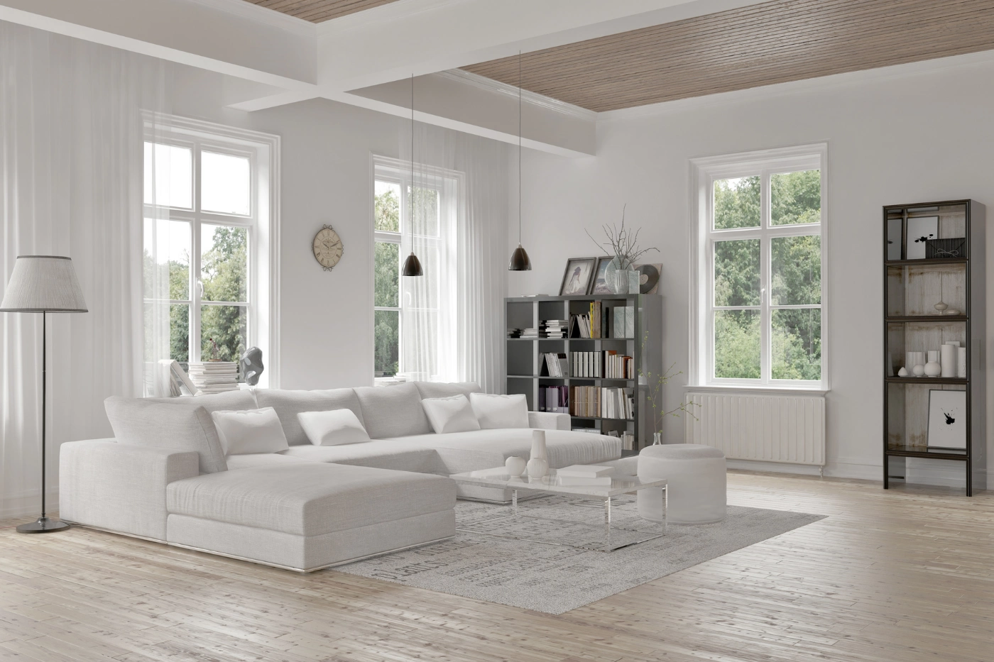 Lounge modern dengan sofa dan pencahayaan hangat