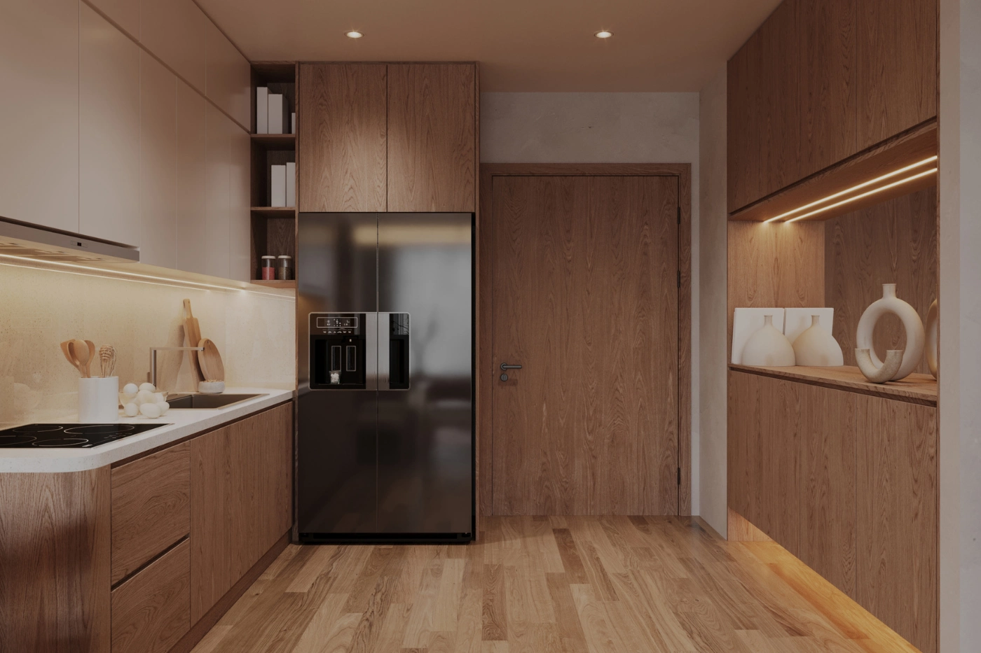 Pantry modern dengan kabinet dan area makan kecil